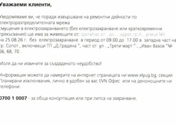 Без ток в част от Сопот на 25 август
